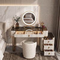 Coiffeuse de luxe moderne blanche et or avec 5 tiroirs, miroir rond LED et tabouret matelassé - Ensemble table de maquillage pour chambre à coucher