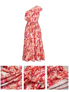 Abito Midi Floreale Monospalla con Volant da Donna, Stile Europeo Americano, Vita Sottile con Laccetti, Orlo a Balze a Strati, Vestito Estivo Casual - Product Image 6