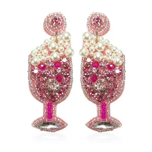 2023New Elegant Champagne Drinking Cup Beaded Drop Earrings Handmade Beaded Shiny Crystal Pearl Pendant Earrings Party Jewelry