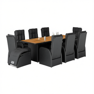 Conjunto de Comedor de Jardín de 8 Plazas, Mesa de Ratán Sintético Negro con Reposapiés Ajustables, Muebles de Exterior de Diseño Contemporáneo - Product Image 1