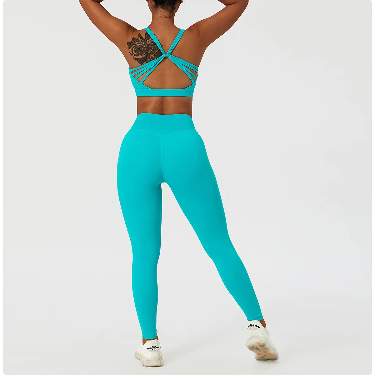 TIKTOK Popular Design Women Push Up Fitness Bra And Cross Waist Legging Gym Activewear 2 Piece Yoga Set Women