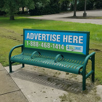 Banc publicitaire en acier pour extérieur avec accoudoirs, idéal pour la publicité urbaine. Banc d'extérieur en métal à 3 places avec dossier