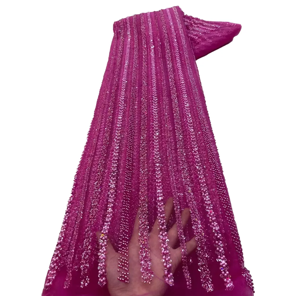HFX 2024 yüksek kalite afrika dantel kumaş lüks el-boncuklu dantel kumaş inci pullu dantel kumaş gelin elbise
