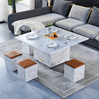 Table Basse Relevable en Bois Multifonctionnelle avec 4 Petits Tabourets pour Salon
