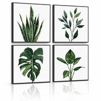 Lot de 4 tableaux encadrés sur toile pour plantes d'intérieur, cadre noir, aquarelle, Monstera, Plante du serpent, Feuille de Pothos, Triptyque botanique