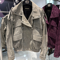 Jaket Kulit Oversized Double Breasted Jaket Bomber Kulit Domba Asli Wanita Jaket Kulit Suede Asli