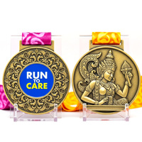 Médaille de finisseur de course caritative, double face, en alliage de zinc, gravée en relief, médaille de récompense sportive personnalisée avec ruban floral décoratif
