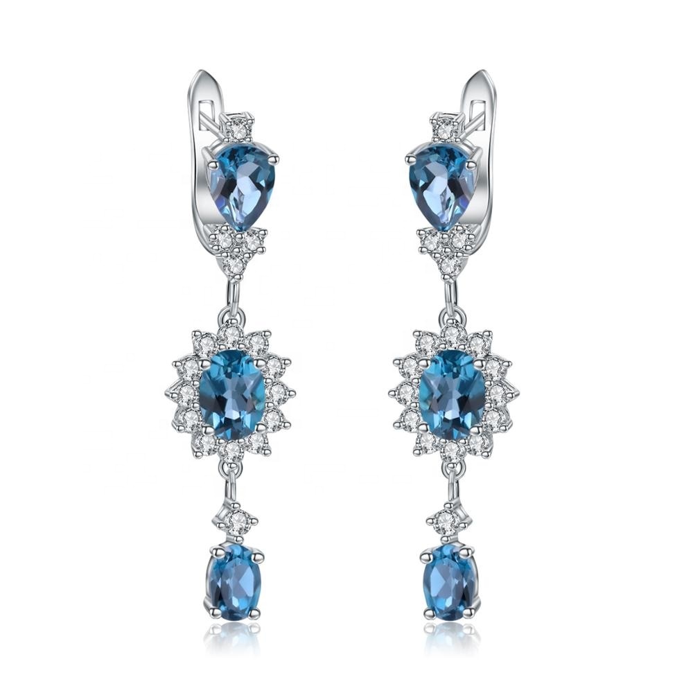 Simple Londres Topacio Azul piedra pendientes conjunto de joyas de plata de ley 925 declaración pendiente con CZ