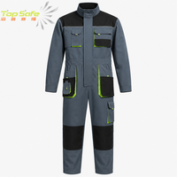Combinaison de travail respirante en polyester gris, noir et vert lime, à blocs de couleur contrastés, col montant, multiples poches cargo, taille élastique