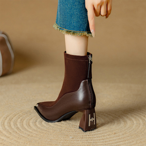 Cattlehide + da cừu Doanh mùa đông gót khởi động thời trang dây kéo mắt cá chân booties sexy mỏng cao gót nhọn ngón chân Nâu - Product Image 6