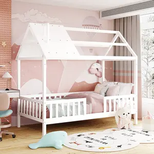 热卖单尺寸儿童床木制儿童床框架，带屋顶和围栏，用于客厅卧室儿童床男孩