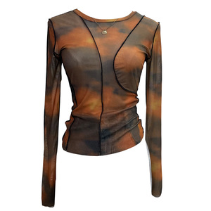 Camiseta elástica mezclada, Camiseta ajustada de malla para mujer, camiseta en capas <span class=keywords><strong>con</strong></span> capa interior, camiseta de manga larga, camisetas caídas <span class=keywords><strong>con</strong></span> tinte de <span class=keywords><strong>corbata</strong></span> para mujer - Product Image 5