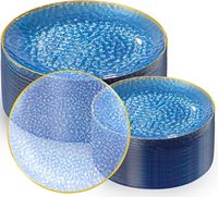 100 Assiettes jetables en plastique écologiques bleues à bord doré, motif martelé, 50 assiettes à dessert, 50 assiettes à dîner, pour fêtes