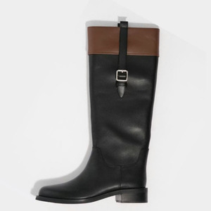 Bottes longues pour femmes à talons plats, avec boucles métalliques, coupe large, hauteur genou, patchwork, bout rond - Product Image 5