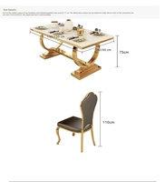 Ensemble table et chaises de salle à manger en marbre et acier inoxydable titane-doré, style minimaliste moderne et élégant, 6 places