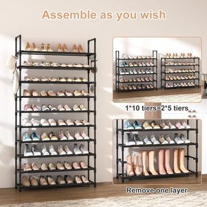 Étagère à chaussures moderne en métal à 10 niveaux, grande capacité (50 paires), avec deux crochets, design robuste pour entrée, <span class=keywords><strong>placard</strong></span> et chambre - Product Image 5