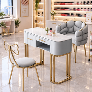 Mesa de Manicura Moderna con Aspecto de Mármol para Salón de Belleza, con Cajones de Almacenamiento y Silla Tapizada - Product Image 1