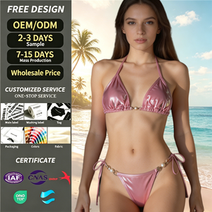 Ensemble <span class=keywords><strong>de</strong></span> bikini string métallisé perlé pour femme, maillot <span class=keywords><strong>de</strong></span> <span class=keywords><strong>bain</strong></span> deux pièces triangle halter, tenue <span class=keywords><strong>de</strong></span> <span class=keywords><strong>bain</strong></span> brésilienne sexy - Product Image 1