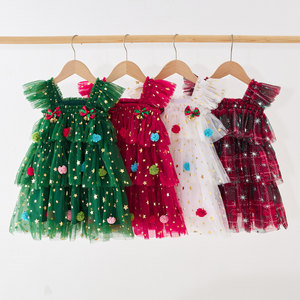Vestito da bambina in tulle traspirante con maniche a volant, motivo stella <span class=keywords><strong>di</strong></span> Natale, festivo, con spalline sottili, tutù da principessa, per neonata 12 mesi - Product Image 1