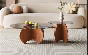 Ensemble de tables basses rondes modernes en verre trempé, design emboîtable, base en bois, meubles de salon de style mid-century - Product Image 4