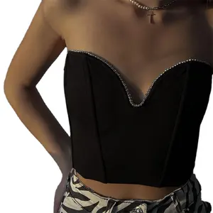 Hot sale Women's V-neck Tank Top Rhinestone Sexy Crop Top Shirts Hot Girls Boob Tube Top