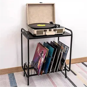 JH-Mech Wrought Iron CD Storage Rack Floor Stand Display Shelf Vinyl Record Storage Rack for Rooms Halls Bar Offices