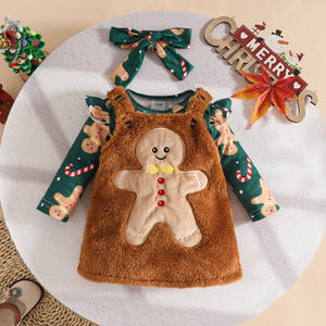 Baby Girl Weihnachten Lebkuchen Weihnachts mann Rock Anzug Langarm Ha Kleid mit träger losem Rock 3 Stück Set Baumwoll stoff Fleece - Product Image 4