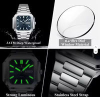 POEDAGAR 672 Montre-bracelet carrée de 40 mm pour homme, étanche, lumineuse, date/jour, mouvement à quartz, en alliage d'acier inoxydable, style antique