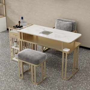 Mesa de Manicura Móvil Individual con Marco de Metal Dorado Blanco de Lujo y Sillas con Aspiradora, Diseño Moderno - Product Image 4