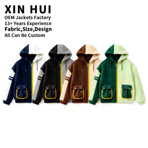 Sudadera con capucha de forro polar Sherpa personalizada para hombre y mujer, larga, de invierno, con bloques de color, diseño de patchwork en contraste, gruesa, cálida, con cremallera, estilo Teddy Streetwear - Product Image 4