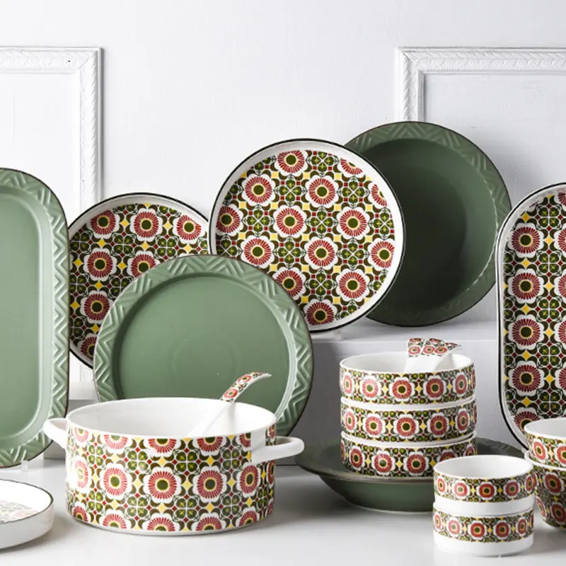 Veqsyl — vaisselle de table en céramique, style nordique populaire, cabochon et vert assiettes de mélange, bols, service de vaisselle de ménage