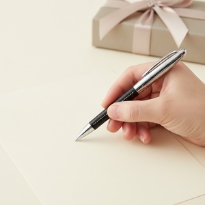 Premium Cylindrical Black Faux Leather Writing <b>Pen</b> with Distinctive <b>White</b> Stitched Grip & Polished Silver Trim for Custom Logo G - Product Image 5
