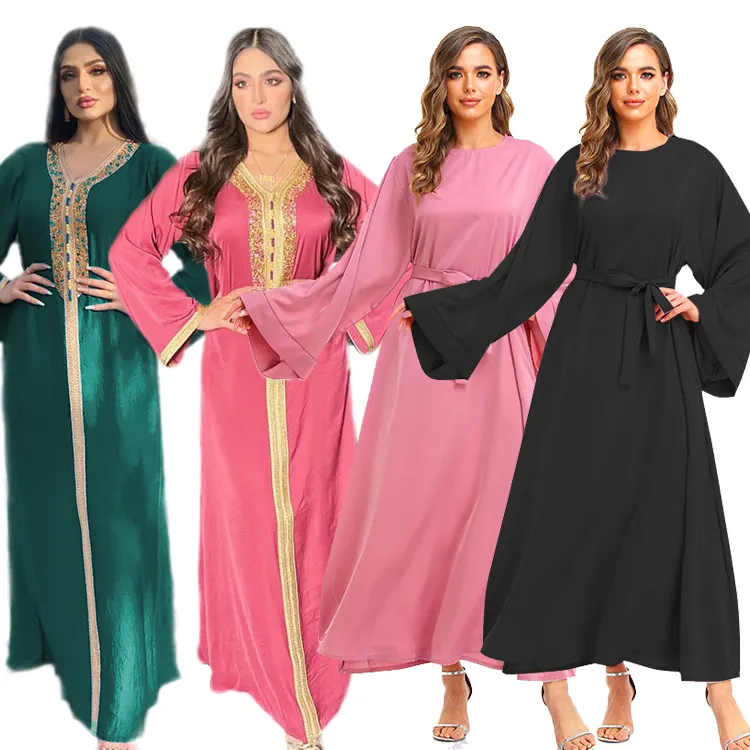 OEM Baju Lebaran Wanita Muslim, Baju Kaftan Abaya Timur Tengah Kimono Jalabiya Dubai Maxi Gaun Panjang untuk Wanita