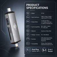 Petit lecteur de carte SD double tête USB C et USB A avec USB3.0 5 Gbps 5 en 1 compatible avec MacBook Type-C Téléphones Hub USB