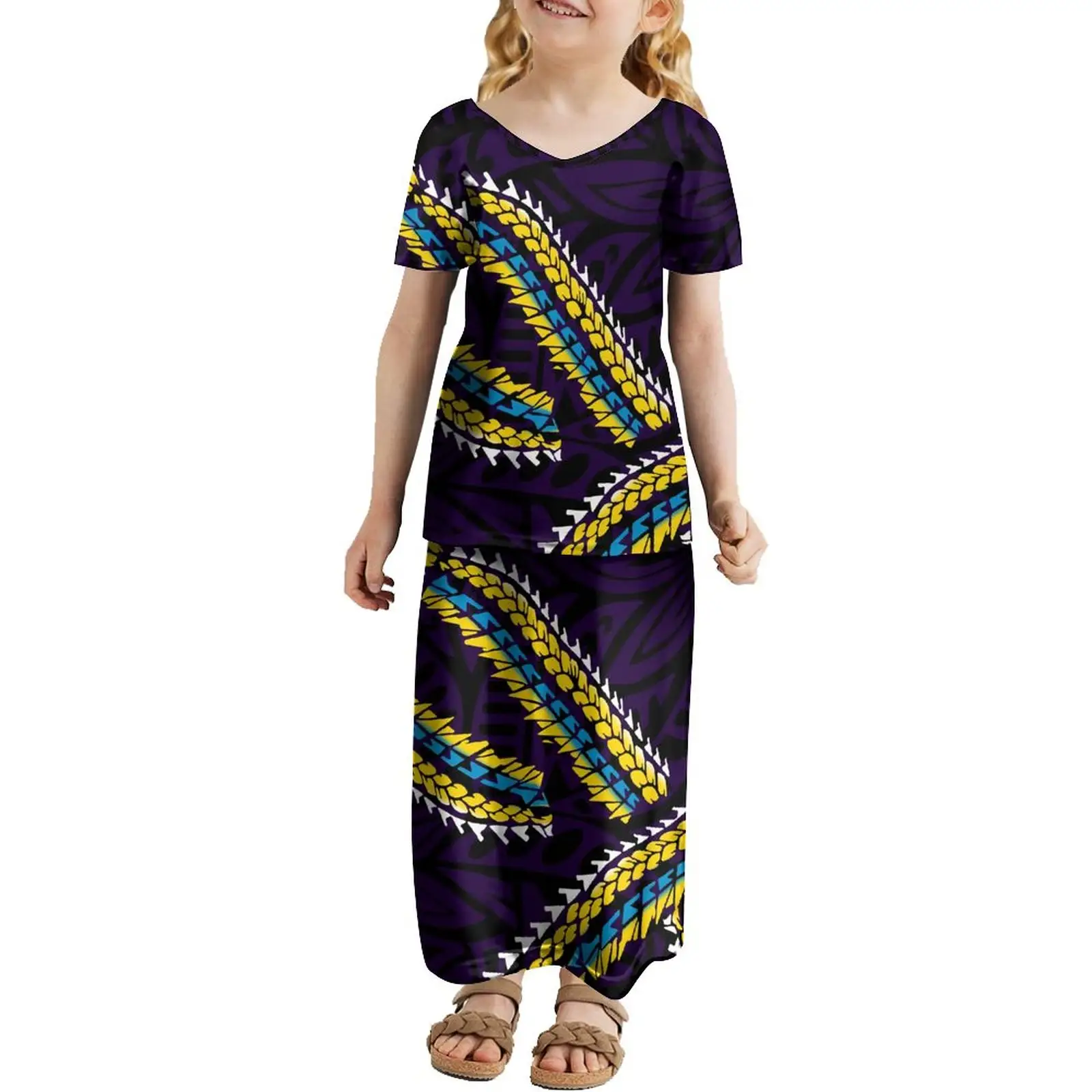 Robe d'été confortable à manches courtes pour filles, nouveau Design, Heritage du pacifique, Style ethnique, col en v, robe pour enfants de 2 à 14 ans