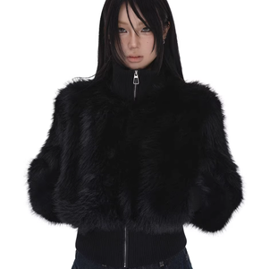 Cappotto Corto Nero di Prima Qualità con Collo alla Coreana in Finta <span class=keywords><strong>Pelliccia</strong></span> Spessa Tessuta e Cerniera per Donne Petite Invernale - Product Image 6