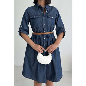 Vestido Camisero de Mezclilla con Cuello Camisero, Cintura Natural, Tejido Transpirable, Estilo Casual Diario - Product Image 2