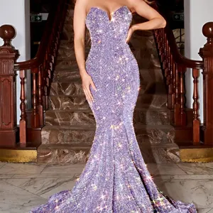Luxury OEM Sexy Mermaid V Neck Strapless Prom Sequin Even Dress Sequined Ball Gown