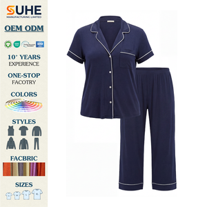 Conjunto de Pijama de Manga Corta con Cuello en V de Jersey de Algodón Térmico para Mujer SUHE, Top con Cintura Elástica y Pantalones Cortos, Ropa de Dormir de Dos Piezas en Contraste - Product Image 2