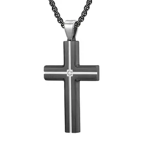 Hochwertiger schwarz gebürsteter Kreuz anhänger Silber gerilltes Kreuz mit Stein mitte Edelstahl anhänger für Männer Halskette