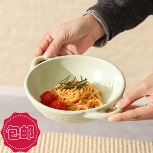 Livraison gratuite, résistant aux hautes températures, bol à nouilles instantanées de style japonais, saladier à double anse couleur crème sous glaçure - Product Image 5