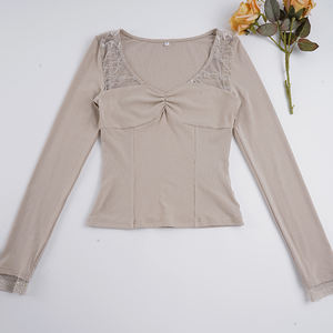 Camiseta de Manga Larga con Cuello en V para Mujer, Transpirable, Ecológica, Ajustada, con Detalle de Encaje Transparente, Estilo Dulce y Sexy, Capa Base - Product Image 6