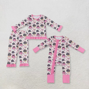 Pyjama à manches longues pour bébés filles, vêtements à motifs de citrouilles et de léopards, tenues avec nœuds - Product Image 3