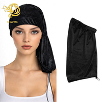 Fujia Nouveau Bonnet de perruque en velours noir à longue queue avec cordon de serrage, durable et confortable toute la journée, avec logo personnalisé, en gros, pour femmes et hommes