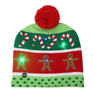 冬季节日圣诞派对发光圣诞帽发光帽女性圣诞针织豆豆帽带绒球