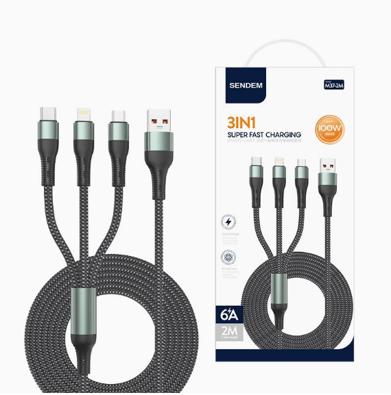 M37 3IN1 Super Fast Charging Cable 100W 6A High Current Multi Port USB Cable Nylon Woven Durable Charger Cord for IOS Android