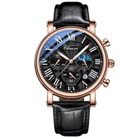 Montre chronographe pour homme, cadran blanc, chiffres romains, aiguilles bleues, phase de lune, fenêtre de date, bracelet noir, style habillé