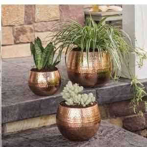 Ensemble de trois jardinières décoratives pour la maison jardinière de sol en métal intérieur extérieur jardinière de jardin en métal moderne fini or - Product Image 3