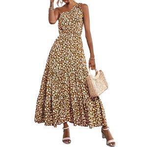 Vestido de Playa de Verano Personalizado de Fábrica, Vestido Largo Informal de un Solo Hombro sin Mangas para Mujer, Vestido de Gasa Tejida con Estampado Floral, Cintura Alta, Corte en A - Product Image 4