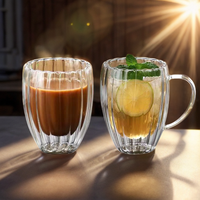 Tasse à café en verre borosilicate transparent à double paroi avec poignée, design à rayures verticales résistantes à la chaleur